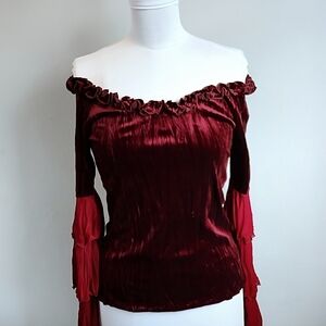 Off-Shoulder Crushed Veltvet Chiffon Sleeves Burgundy Blouse XS/S Stretch